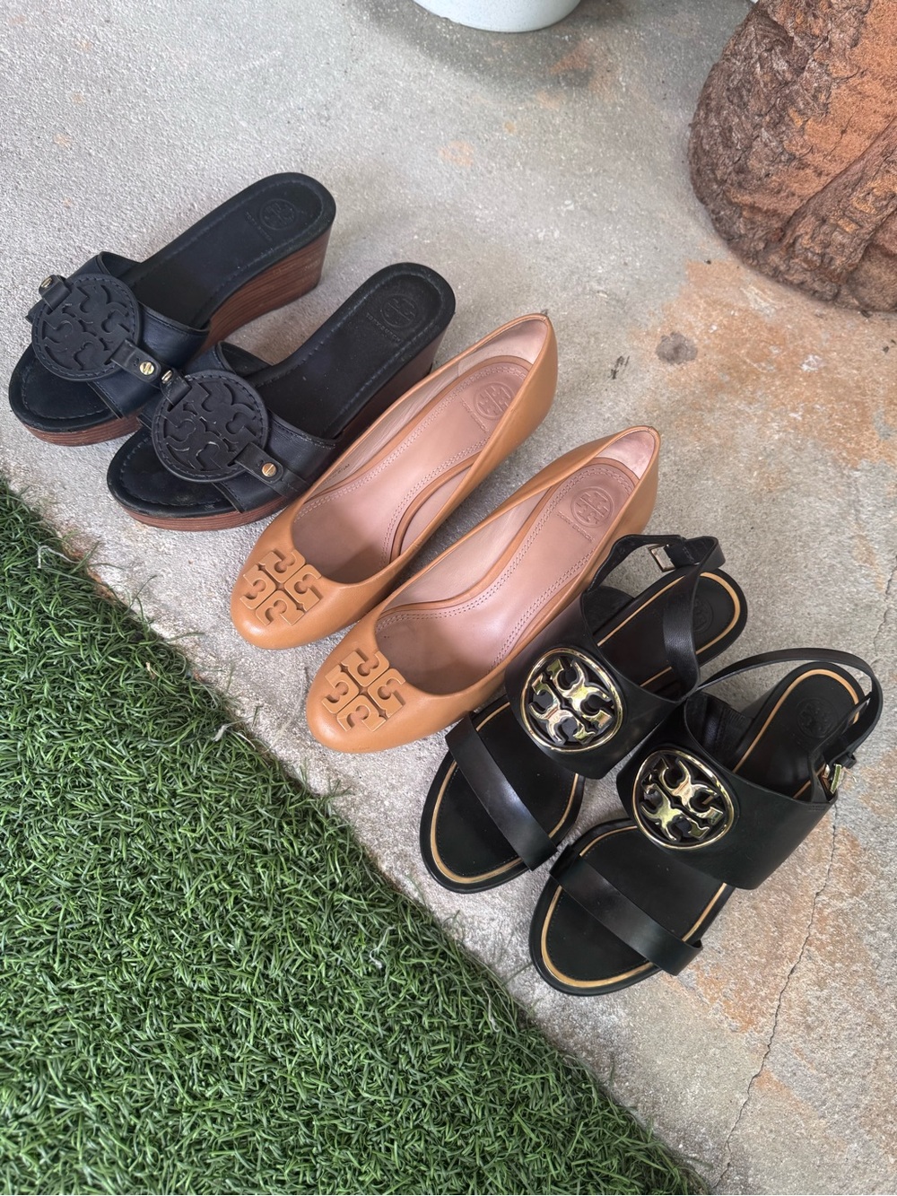 Tory Burch Black and Tan & Gold Leather Slides & Wedges - set of 3